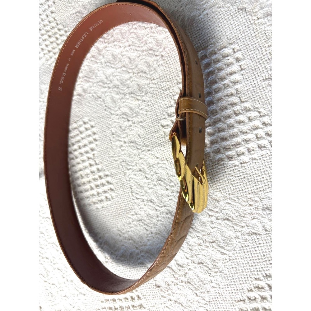 Vintage 80s Alligator Embossed Cognac Leather Belt Gold Ribbed Chunky Buckle S